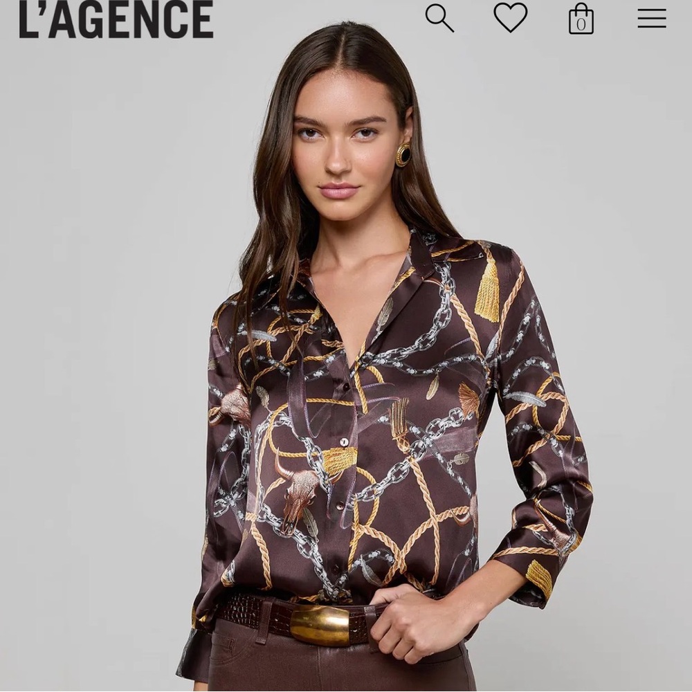 L'AGENCE Dani 3/4 sleeve Women's Dark Brown Chain Print Silk Blouse